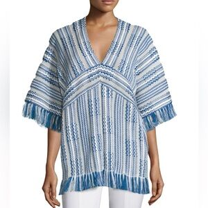 Tory Burch Gwen Fringe Trim Tunic Top Baha Fringe Hudson Blue and Ivory size XL